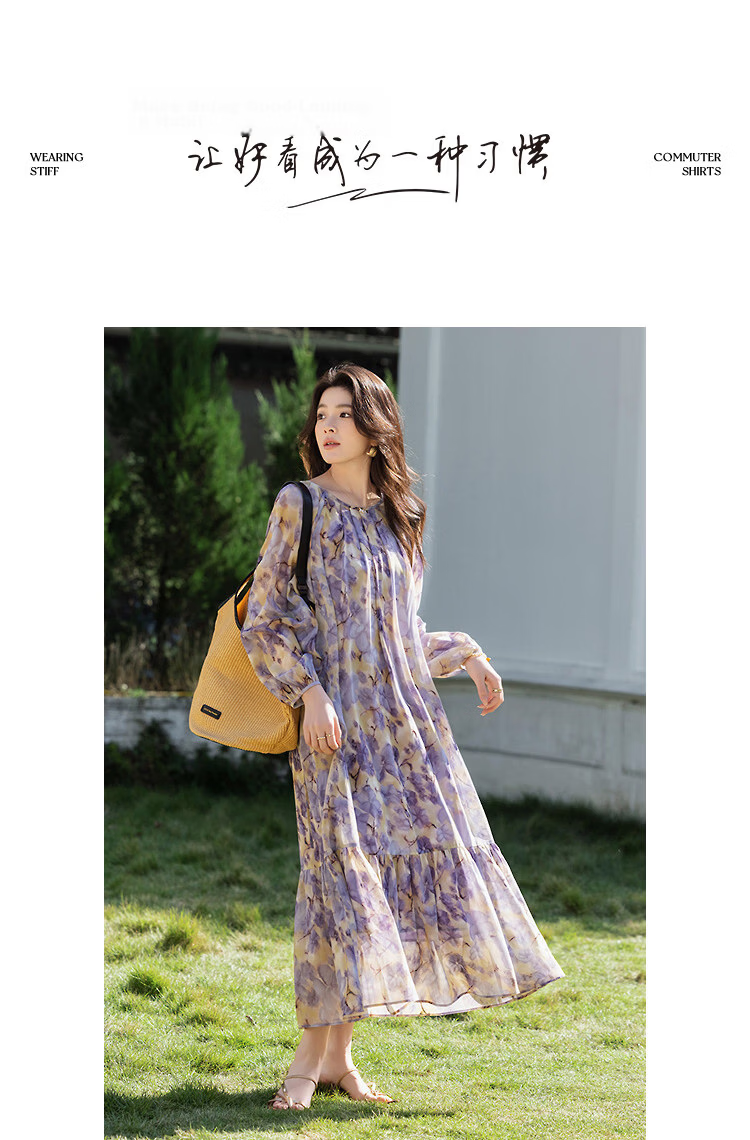 Demana Romantic Chiffon Season Spring Elegant Floral Print Flared Patchwork A-Line Petite Loose Women's Dress 7