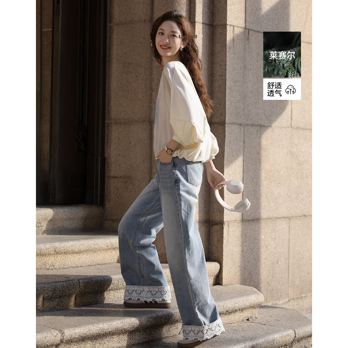 Demana [Lyocell Cotton Blend] Spring Elegant Crew Neck Printed Patchwork Loose Fit Petite Women's Sweatshirt