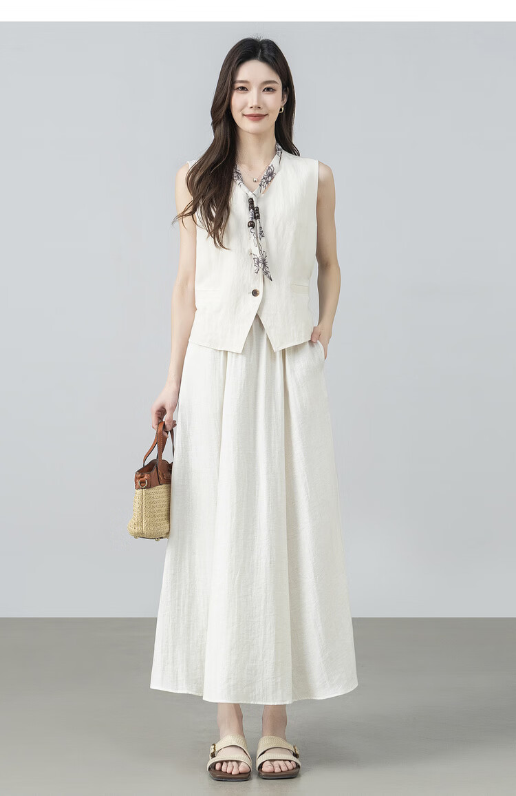 Shangdubila Linen Blend Pear-Shaped Slimming A-Line Skirt for Women Spring Summer Elegant Commuter Elastic Waist High-Quality Temperament Long Skirt 20