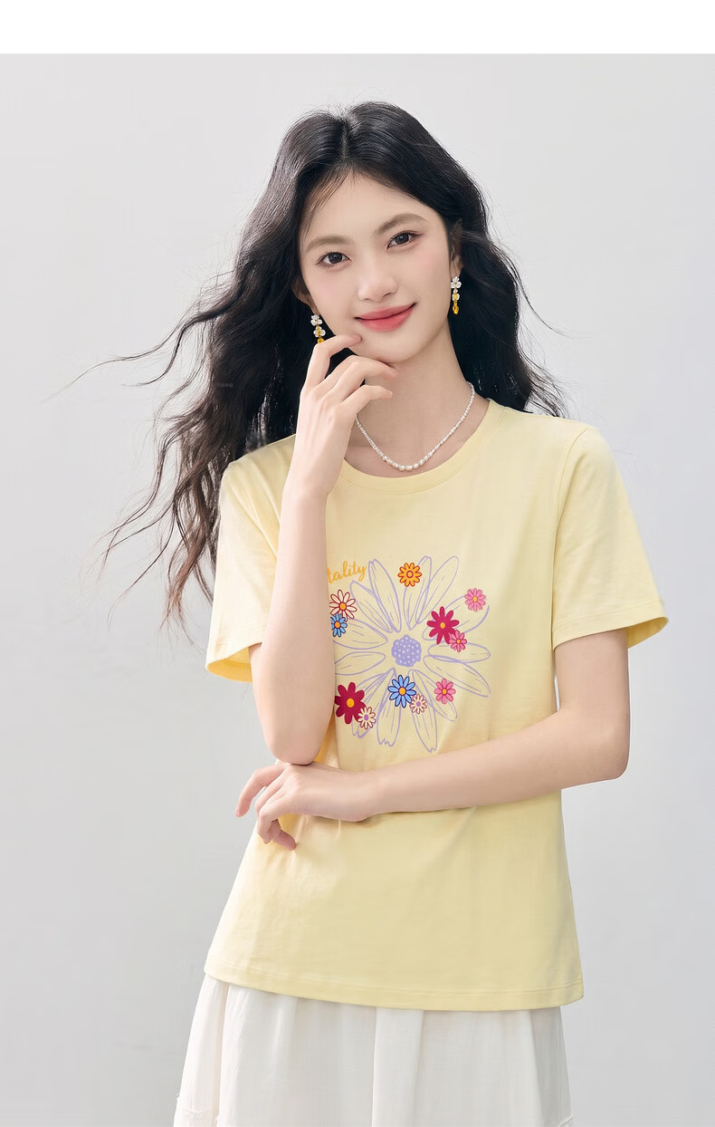 Sllsky Korean Style Floral Print Shoulder T-Shirt Women 2026 Summer New White Round Neck Short Sleeve Top 20