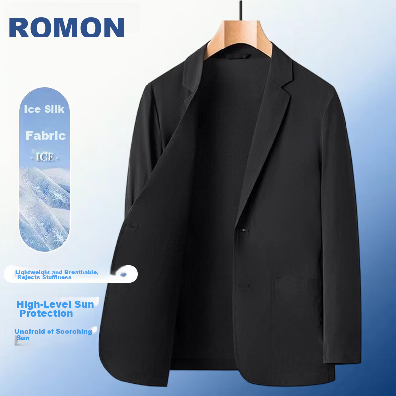 ROMON Summer Ice Silk New Middle-aged Casual Blazer Seamless Business Men's Sun Protection Jacket Black M