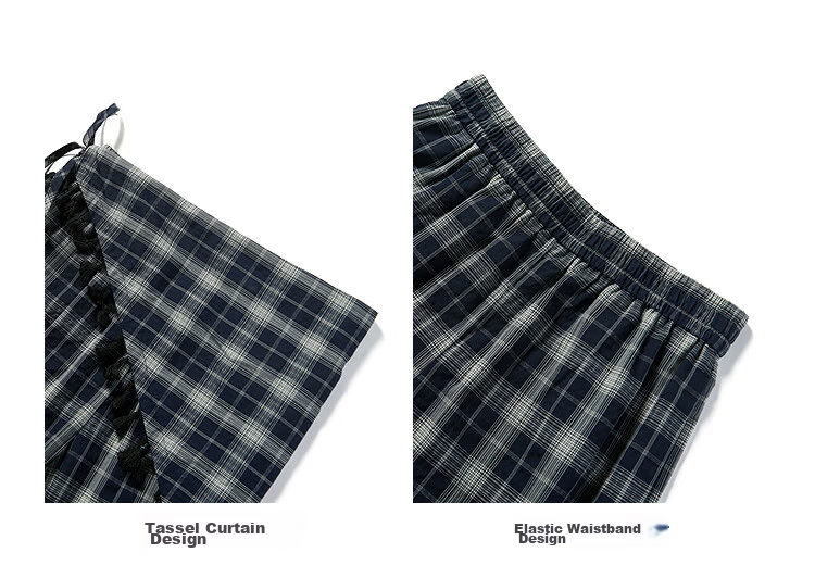 LeTing Colorblock Plaid Detachable Tassel Leather Curtain Wide-Leg College Style Casual Pants Navy Blue (In Stock) M 16