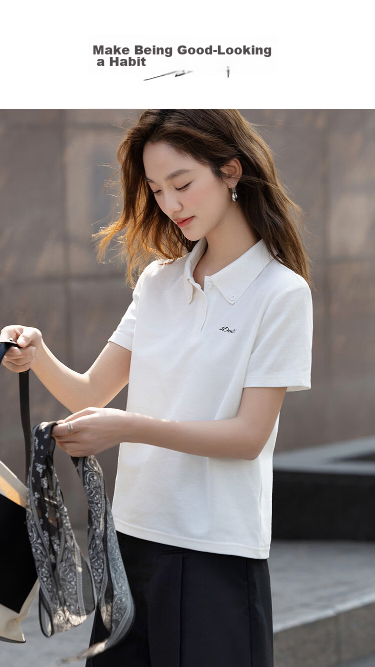 Demana [Refreshing Cloud Oxygen Cotton] Summer Pique Mesh Polo Collar Ribbon Embroidered Slim Fit T-Shirt for Women Premium Feel 1