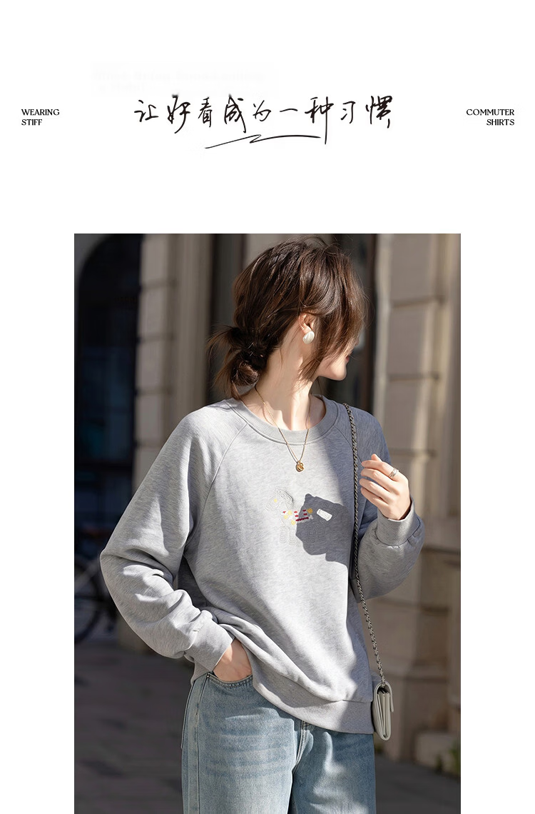 Demana [Cloud Oxygen Cotton Series] Summer Heavywork Pony Embroidery Crew Neck Long Sleeve Slim Fit Petite Sweatshirt for Women Premium Feel 9