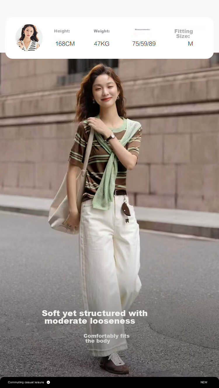 Demana Breathable Yarn Spring College Style Ribbon Striped Loose Slim Short Sleeve Women's Knit Sweater 12