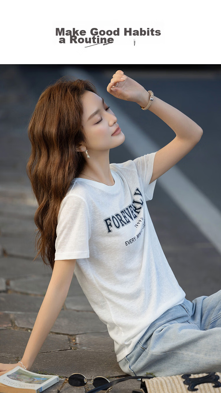 Demana [with Lyocell Cotton] Summer Simple Style Colorblock Letter Print Crew Neck Short Sleeve Comfortable Slim Fit Women's T-Shirt 1
