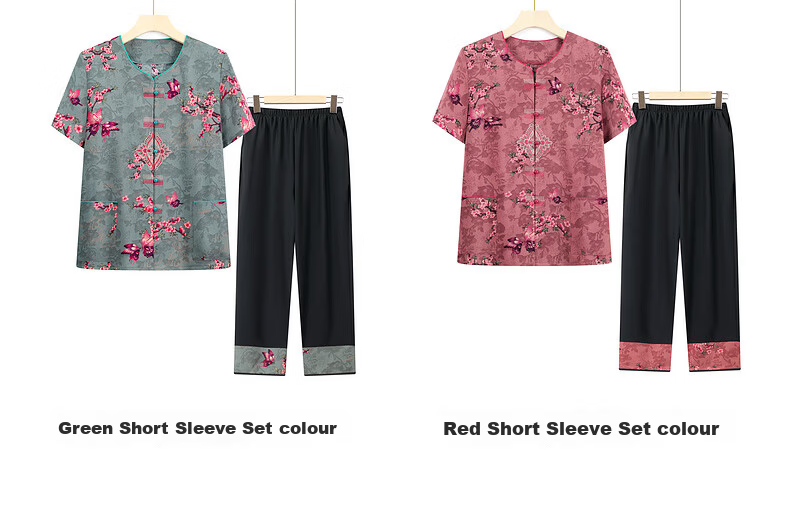 Fengxiao Grandma Summer Outfit Middle-aged and Elderly Women's Short Sleeve Two-piece Set for 60-70 Year Olds Loose Cardigan 6