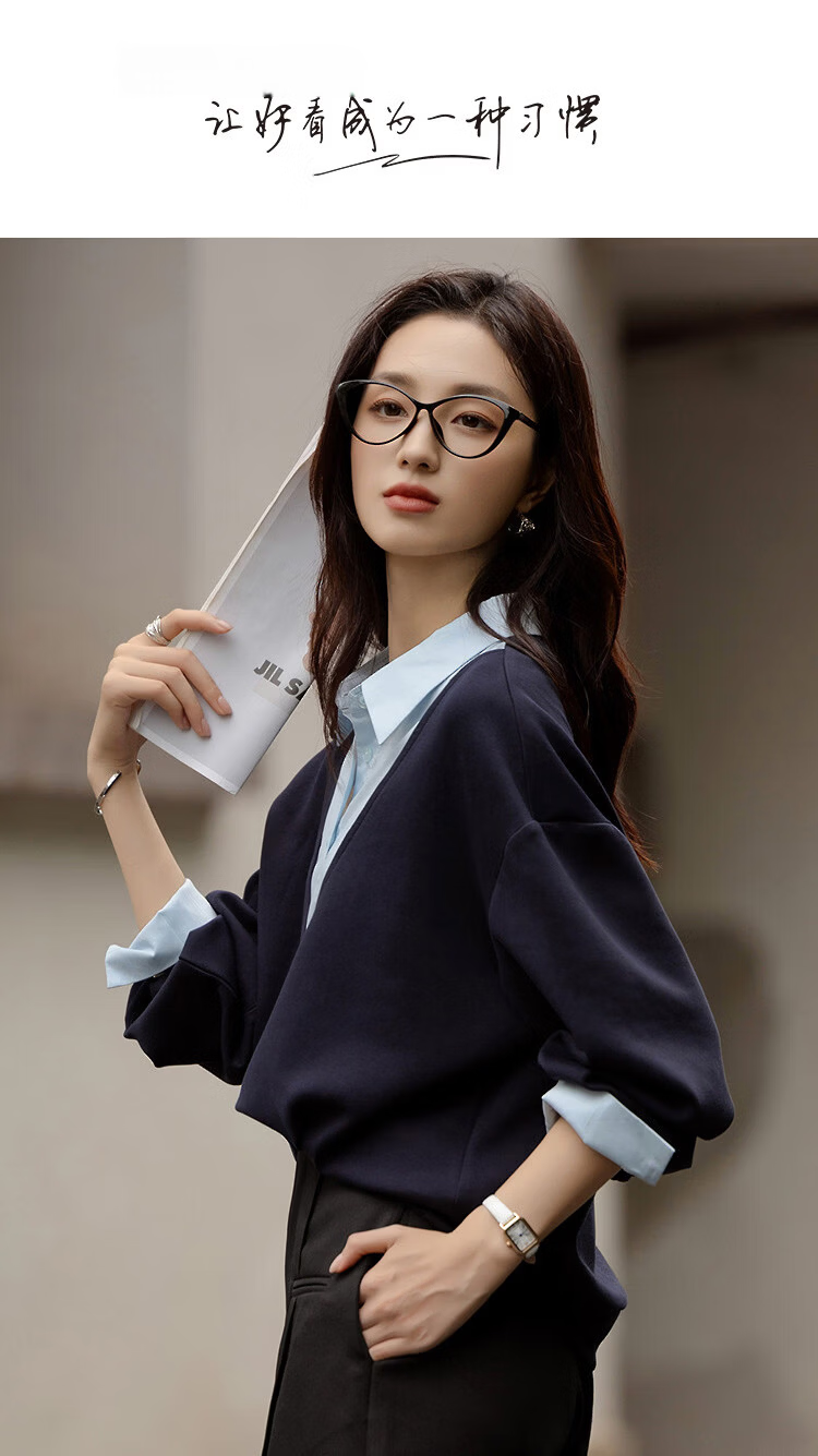Demana [Smart Moment] Spring Cloud Cotton Patchwork Fake Two-Piece Drop Shoulder Petite Women's Sweatshirt 1