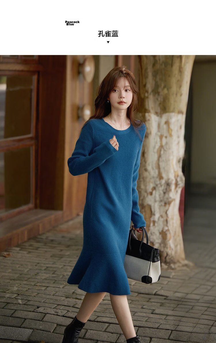 MT Smart Warm Style Winter Lazy Round Neck Fish Tail Soft Comfortable Elegant Knit Long Dress for Women 16