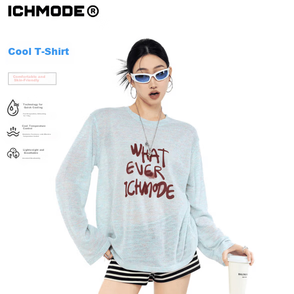 ICH MODE American Style Lightweight Long Sleeve T-Shirt Women 2026 New Spring Summer Physical Sun Protection Loose Top Blue XL