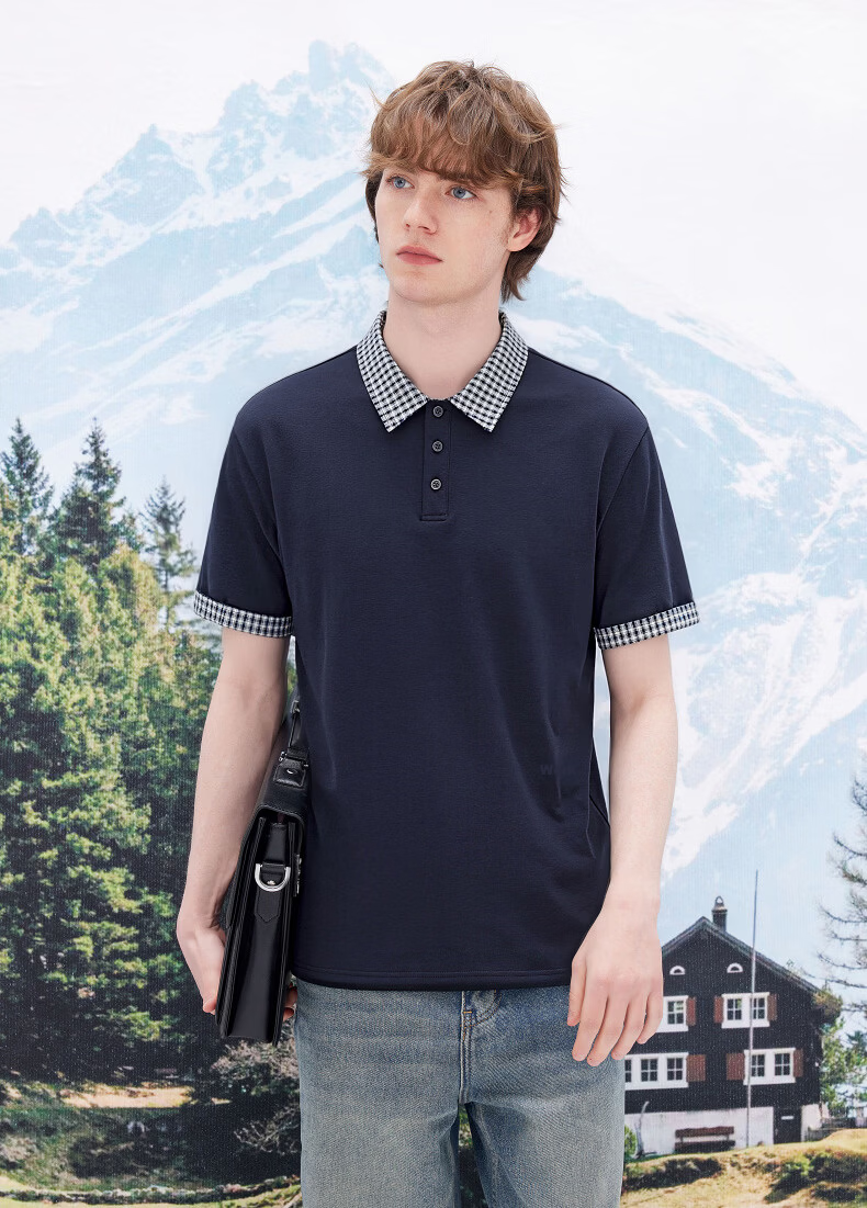 Gxgjeans Men's Plaid Splice Collar Short Sleeve Polo Shirt 26 Summer New Navy Blue 175/L 12