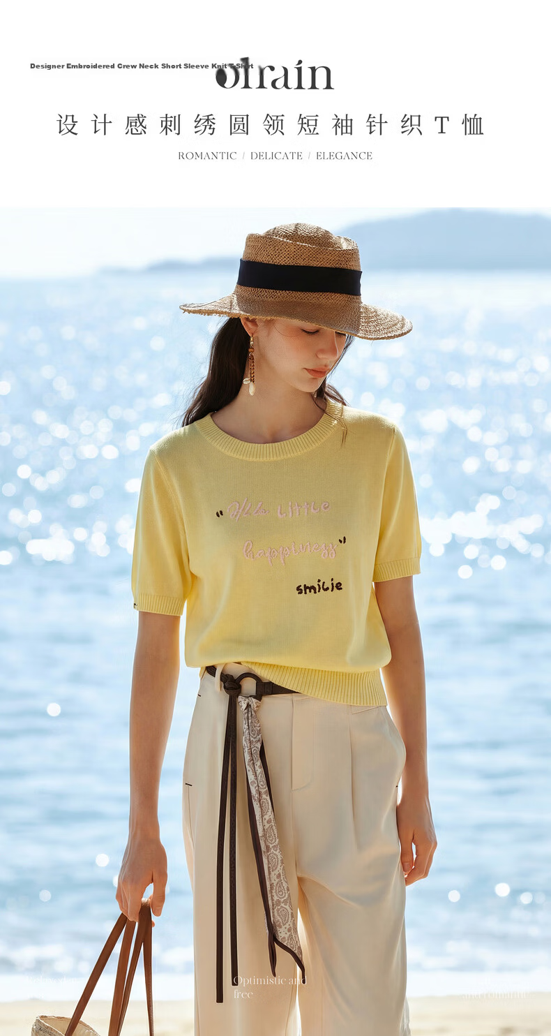 Olrain Summer New Short 3D Letter Embroidered Crew Neck Short Sleeve Knit Top for Women Yellow S 1