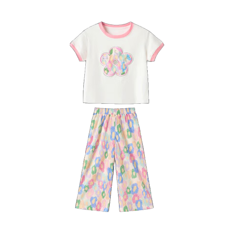 ASK JUNIOR Children's Clothing Set, Girls' Summer Outfit, Toddler Short-Sleeve Wide-Leg Pants, Sports Casual Two-Piece Set, Floral Pattern, Size 90