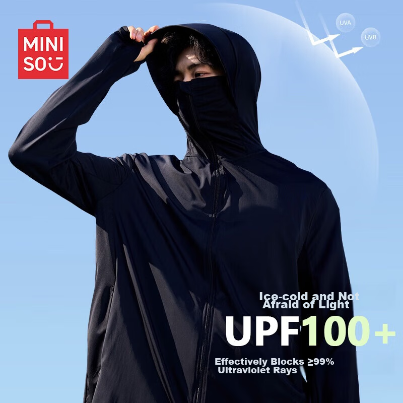 MINISO UPF100+ High Protection Sunscreen Jacket for Men, Ice Silk Lightweight Outdoor Cycling and Fishing Cooling Sun Protection Coat, Black, Size M