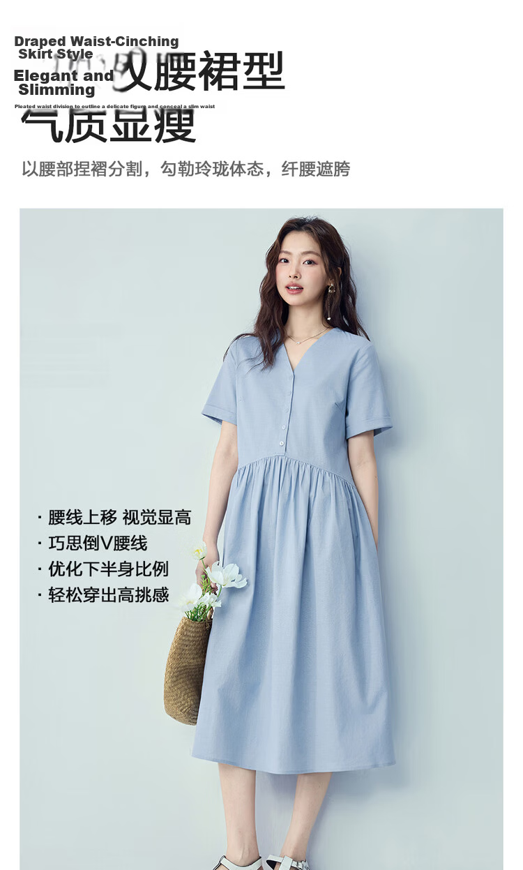 Giordano Women's Short Sleeve Dress 2026 Summer New Lyocell Cotton Spliced Pleated V-Neck Dress 13466253 8