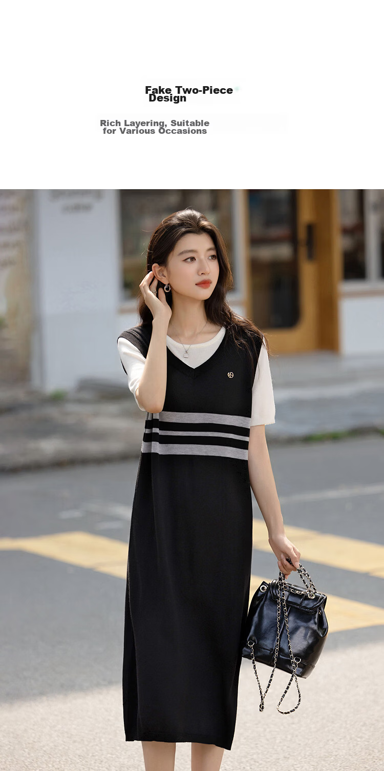 Demana [Mulberry Silk and Wool Blend] Spring Faux Two-Piece Short Sleeve T-Shirt Dress Slim Fit Women's Set 7