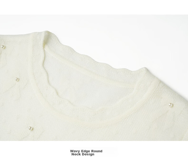 Olrain Summer New Bow Jacquard Pearl Embellished Short Sleeve Knit Top for Women Off-White XL 16