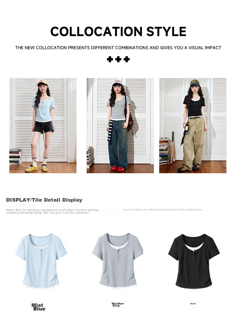 TonLion Women's Summer 2026 New Slim Fit Shoulder Patch Two-Piece Style Short Sleeve T-Shirt Top 4