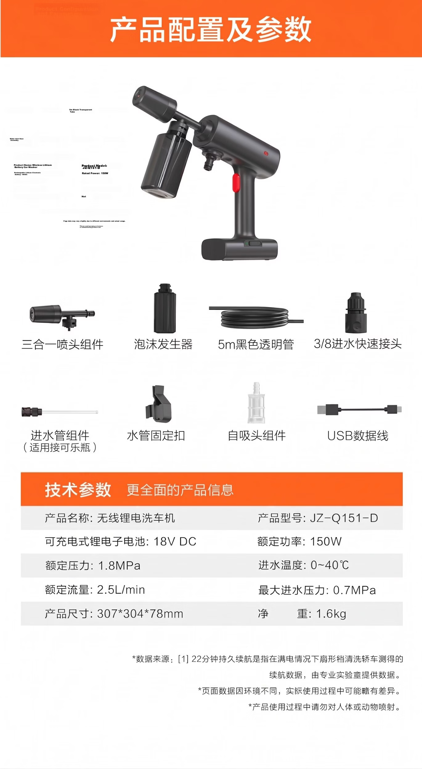 JD Jingzao 1600W High-Pressure Portable Car Washer Pump Water Gun for Yard and New Energy Vehicles 12