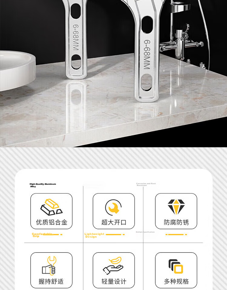 Chugong Bathroom Adjustable Wrench Large Opening Drain Pipe Faucet Repair Multi-Function Short Handle Universal Wrench 2
