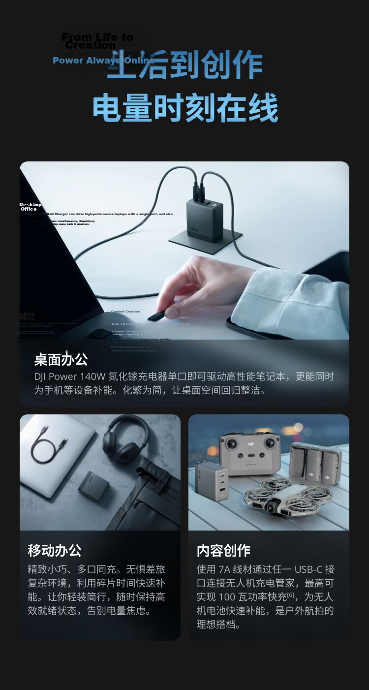DJI Power 140W GaN Charger Multi-Port Fast Charging Compatible with Multiple Devices Smart Screen Charger 10