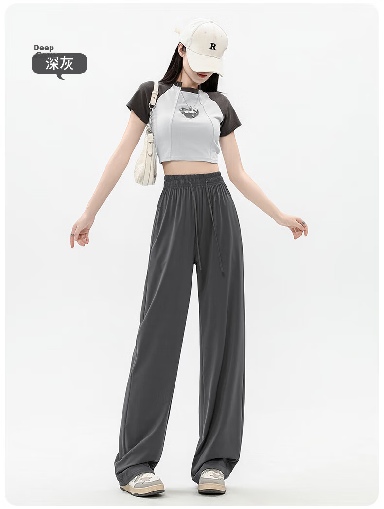 Jeanswest Women's Summer Casual Loose Comfortable Drawstring Wide-Leg Ice Silk Sun Protection Pants Light Gray S 18