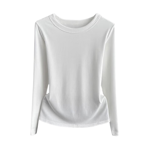 NOMe Long-Sleeve T-Shirt for Women, New Early Autumn Style, Slim-Fit Ribbed Inner Layer, Korean-Style Regular Shoulder Top, White, 2XL