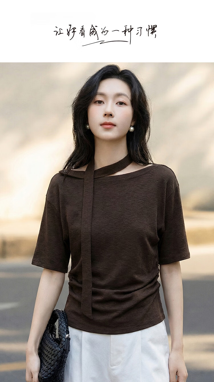 Demana [Like the Wind Freedom] Summer Cloud Oxygen Cotton Off-Shoulder Detachable Ribbon Ruched Slim T-Shirt for Petite Women 1