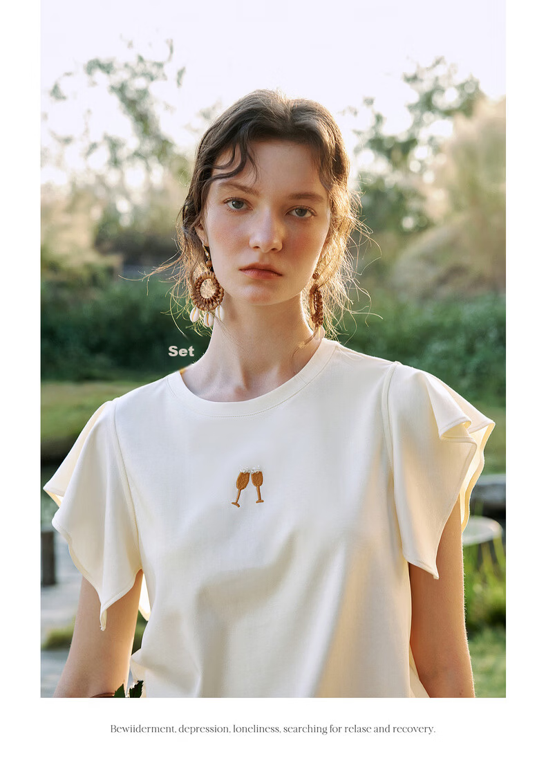 Olrain French Style Short Sleeve T-Shirt Women Summer New Loose Casual Commuting Ruffle Sleeve Top Yellow S 15