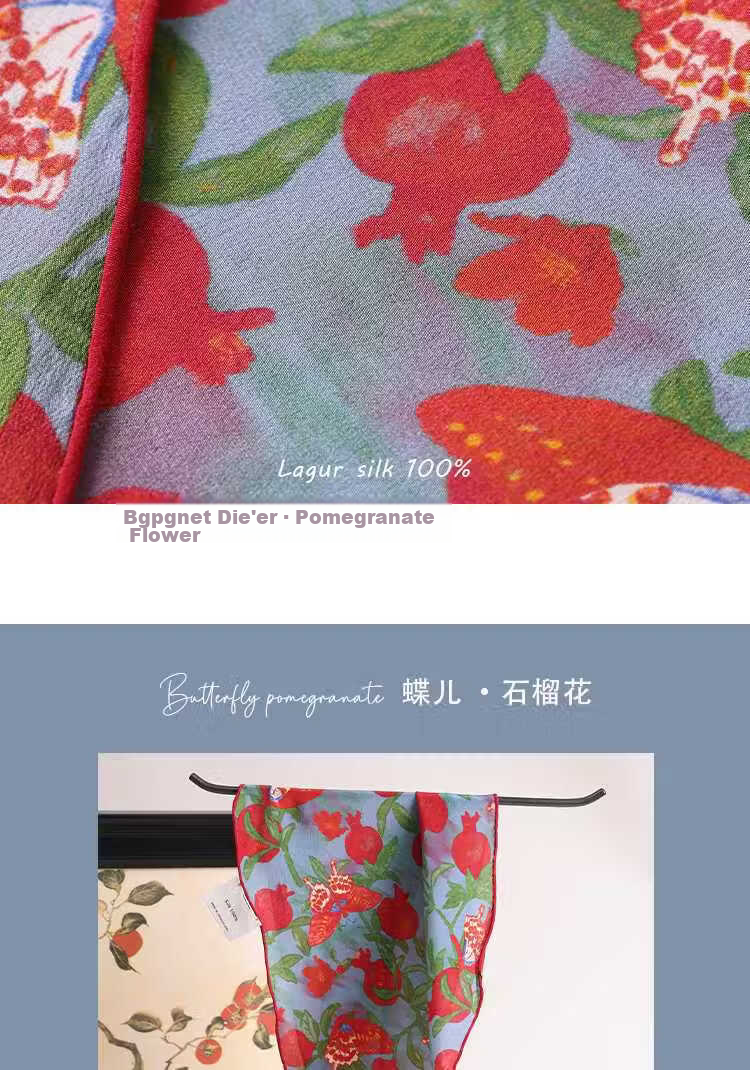 Lagur "Butterfly Pomegranate Flower" 100% Mulberry Silk Triangle Scarf Women's Silk Diamond Scarf Lupine Blue 18