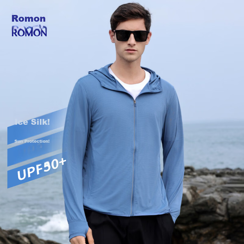 Romon Men's Sunscreen Jacket Summer Ice Silk Outdoor Fishing Sports Breathable Skin Jacket Quick-Dry Men's Clothing SF08 Stone Blue 4XL