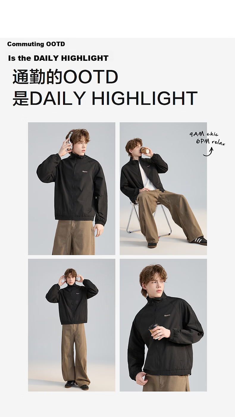 TonLion 2026 Spring New Men's Jacket Stand Collar Cardigan Trendy Black Casual Loose Fit Top 5