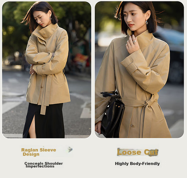 Dme [City Light Travel] Spring Healing Buff Stand Collar Cotton-Nylon Twill Long Loose Women's Trench Coat 6