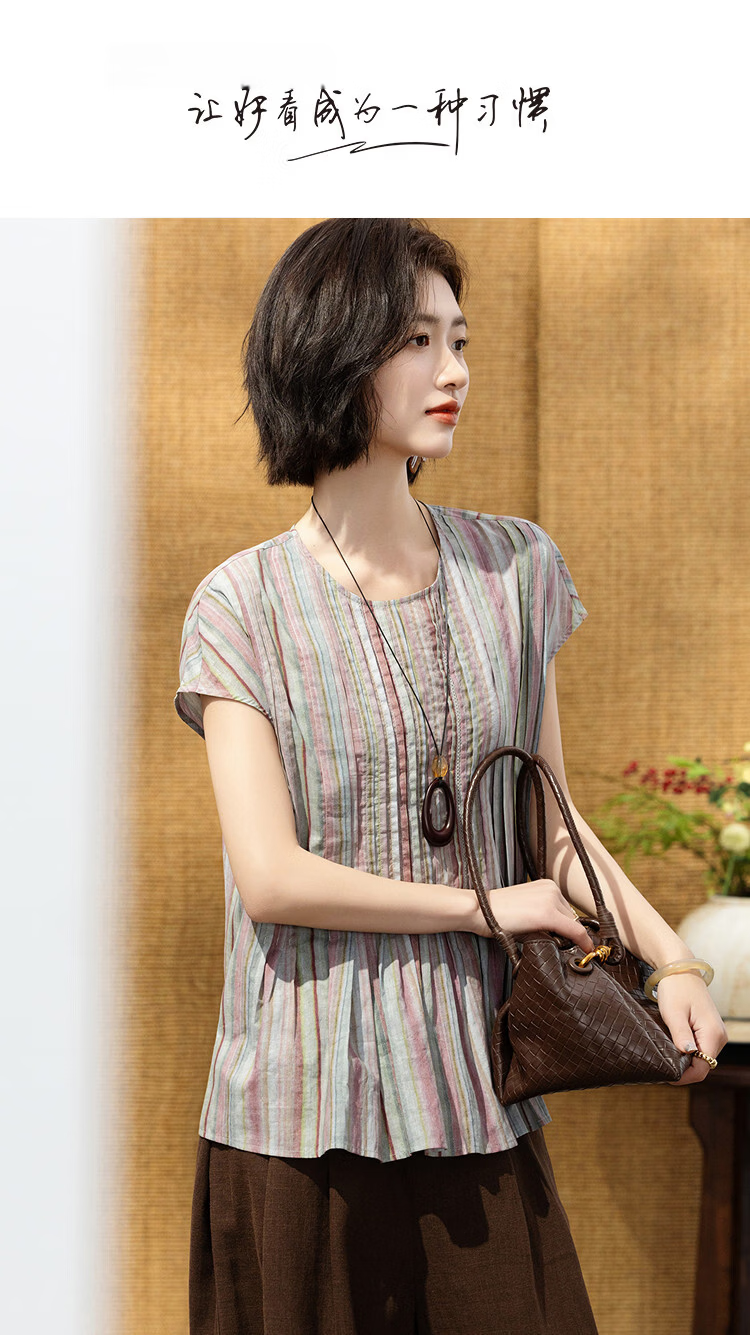 Demana Fresh Cotton Summer French Style Round Neck Sleeve Cover Striped Printed Doll Shirt Loose Slim Fit Women's Premium Blouse 1