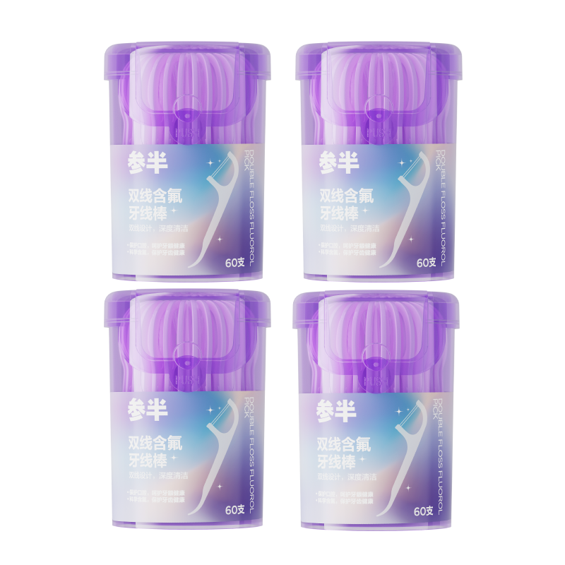 Canban Double-Fluoride Dental Floss Picks, High-Polymer Fiber Anti-Cavity Flavorless Floss, 60 Pieces * 4 Jars, 240 Pieces in Total