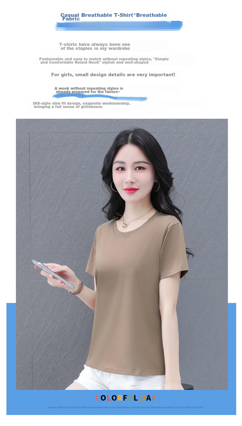 Shuangxing Pure Cotton Short Sleeve T-Shirt Women Summer Regular Shoulder Basic Solid Color Casual Middle-aged Plus Size Slim Fit Top Khaki L 4