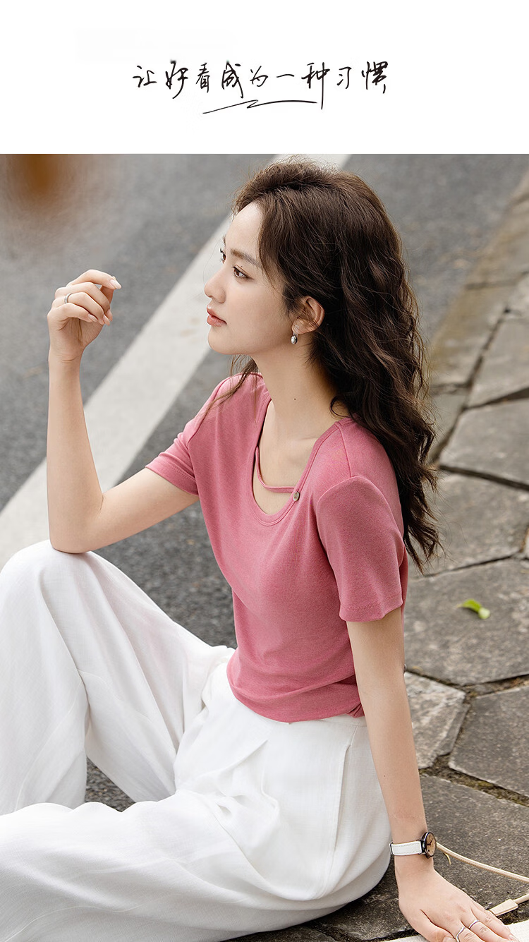 Demana [With Wool and Lyocell] Summer Minimalist High Elastic Slim Fit Round Neck Drawstring Decorative Slimming Women's T-Shirt 1