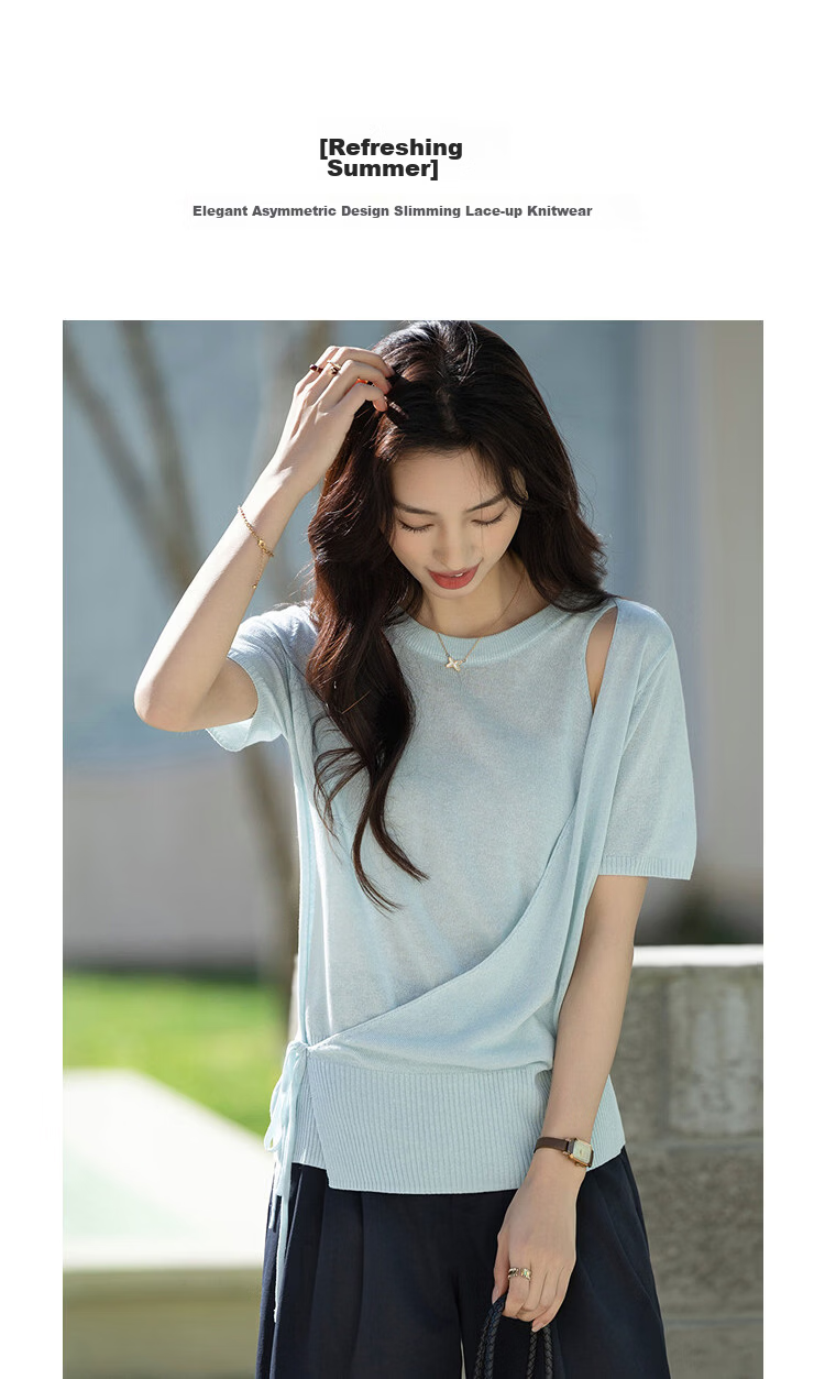 Demana [with Linen Lyocell] Summer Elegant Asymmetric Design Adjustable Tie Slim Knit Top for Women Premium 5