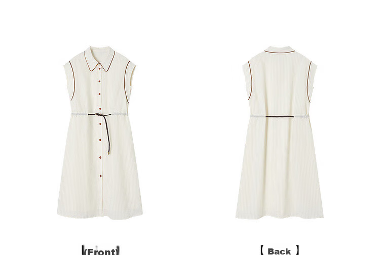 Demana [Comfort Oxygen Cotton Series] Summer Commuter Striped Color-Block Trim Polo Collar PU Belt Mid-Length Dress for Women 20