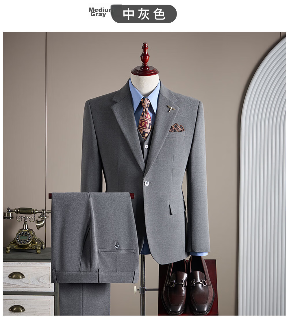 ROMON Men's Business Suit Set Blazer + Vest + Trousers Wedding Formal Jacket Black 3XL 24