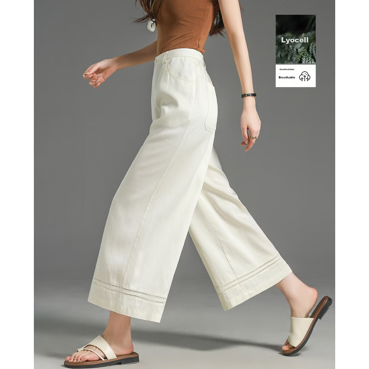Demana [100 Lyocell] Summer Cropped Pants Simple Style Lace Splicing Straight Loose Slim Casual Pants for Women