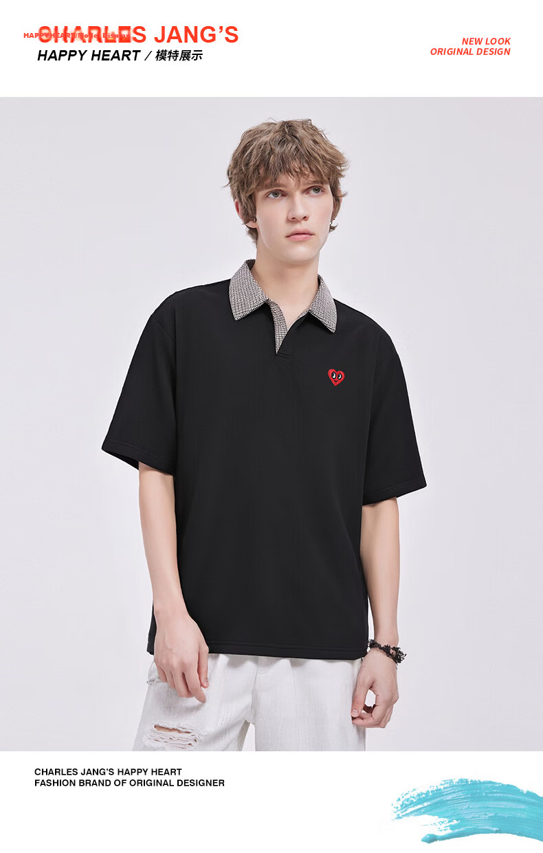 Charles Peach Heart Summer Small Heart Color-Block Breathable Cotton-Padded Couple Casual Unisex Short Sleeve Polo Shirt Off-White XS 8