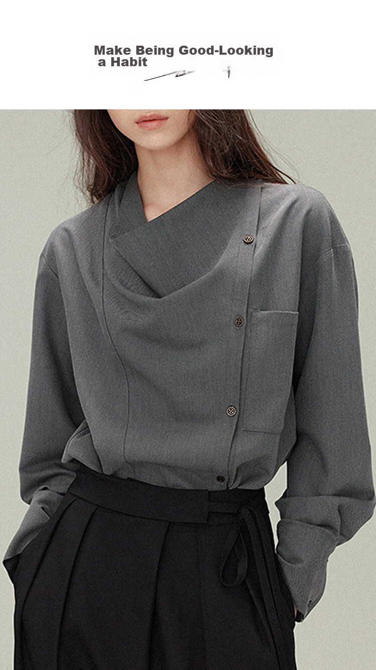 Demana French Art Spring Lazy Style Asymmetric Lapel Large Pocket Loose Slim Draped Shirt for Women Premium Feel 1