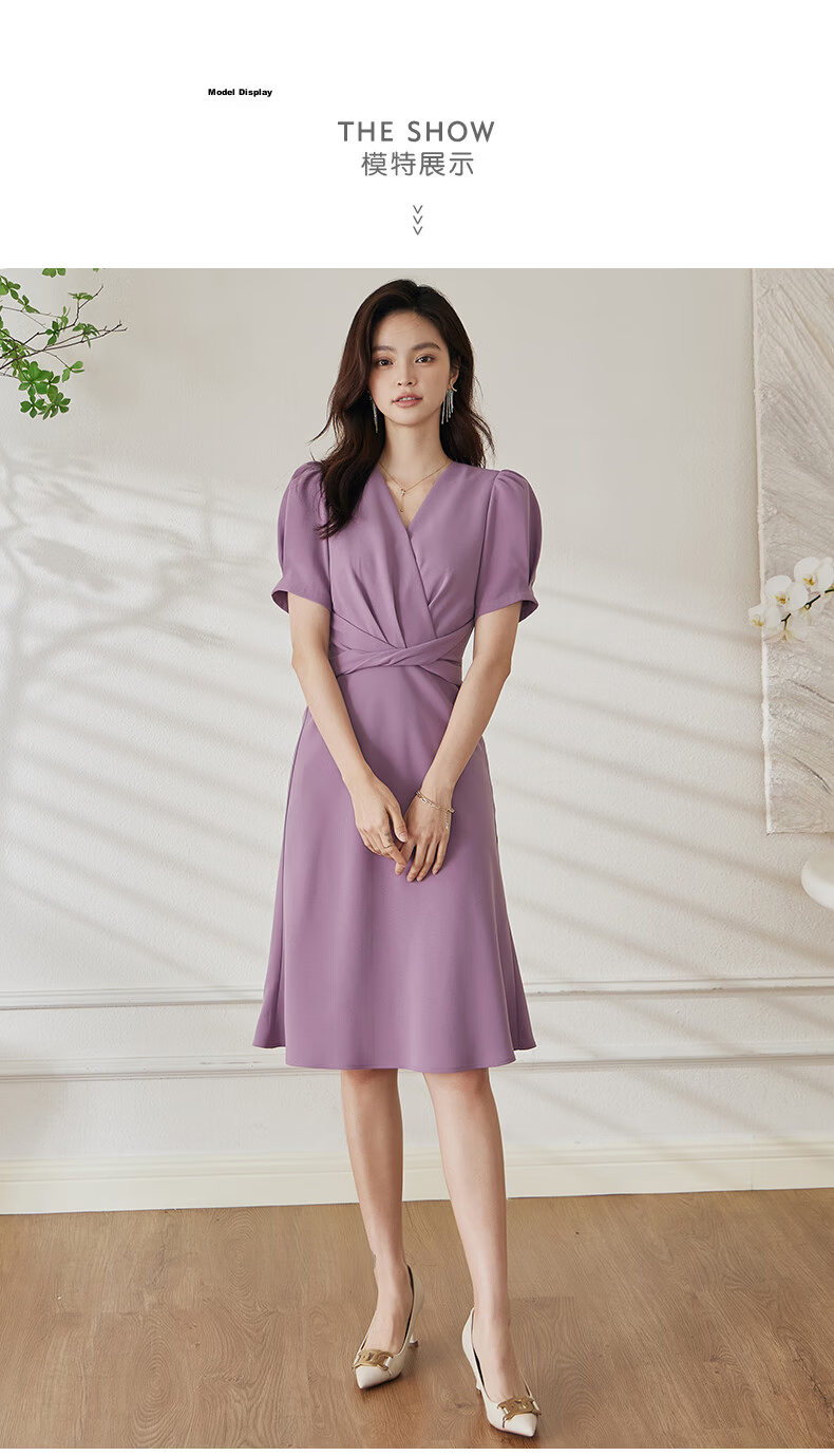 ROEYSHOUSE Slim Waist Twist Knot Dress Summer Elegant Puff Sleeve Mid-Length Dress 06439 Light Purple M 2