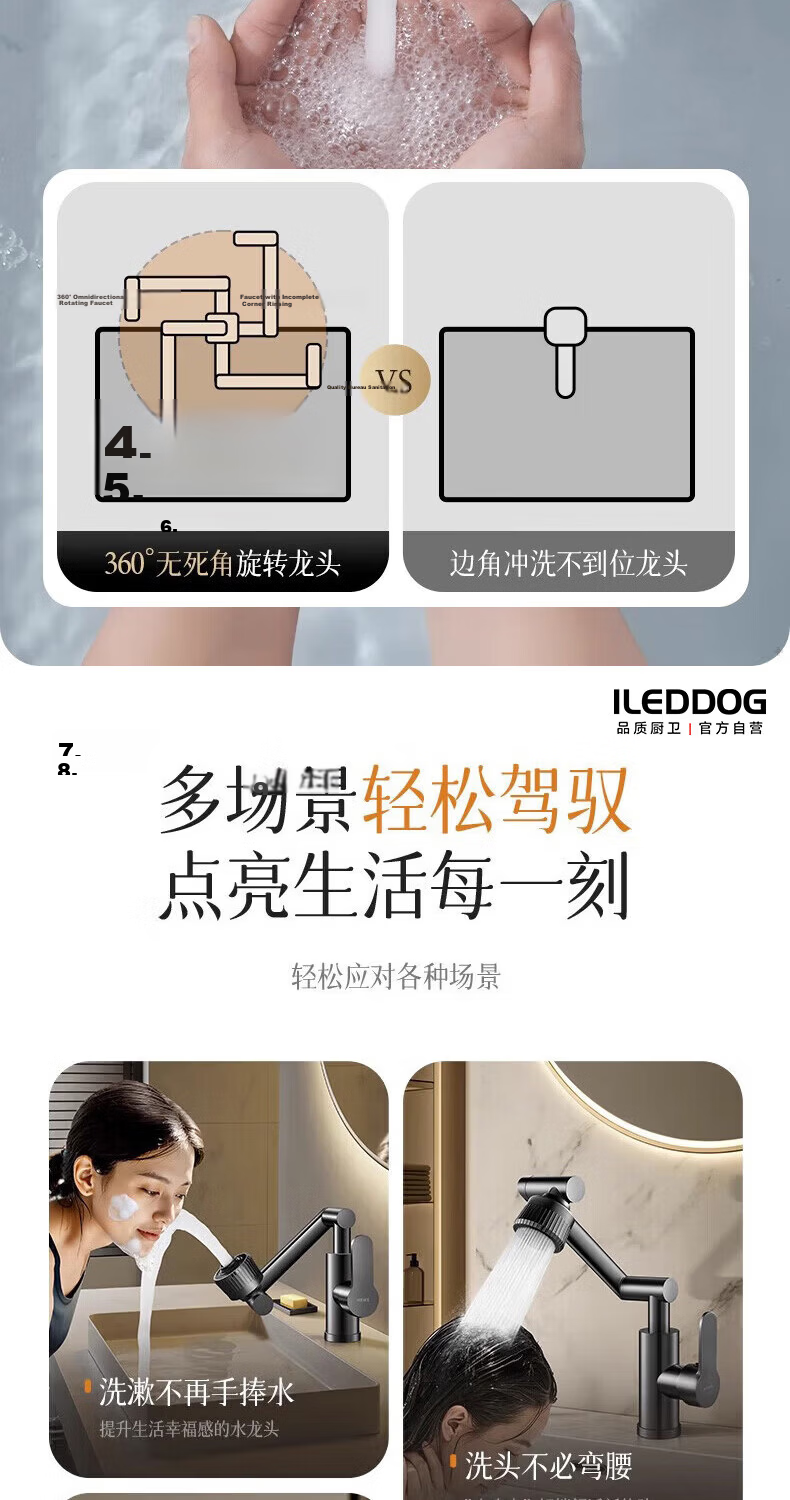 ILeddog Seiko 304 Thickened Basin Faucet Mechanical Arm Bathroom Universal Splash-Proof Hot and Cold Basin Faucet 11