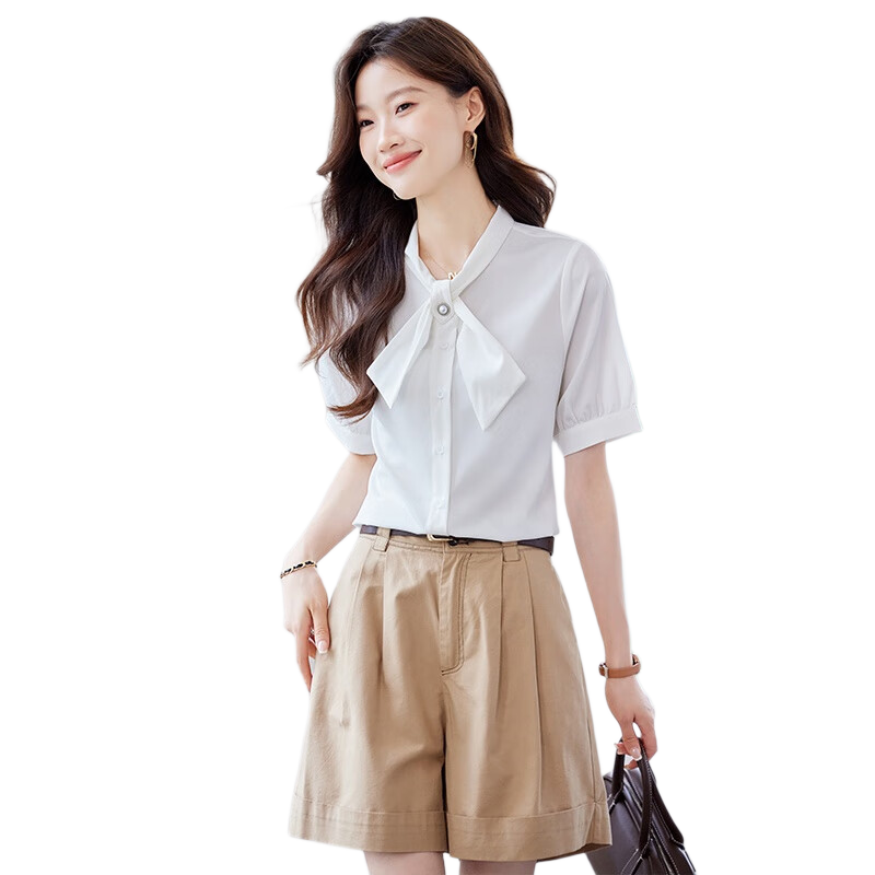 JEANSWEST Women's Summer Short Sleeve Shirt Elegant Versatile Fashion Bowknot Solid Color Formal Top White M