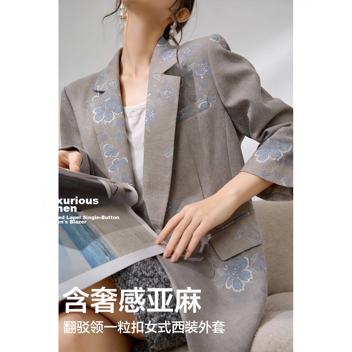 Demana Luxury Linen Spring Elegant Notched Lapel Single Button Flap Pocket Pleated Three-Quarter Sleeve Women's Blazer