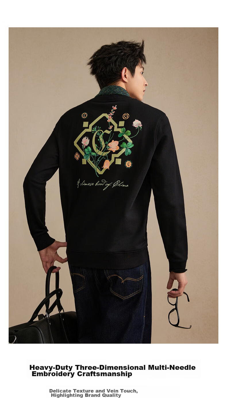 CABBEEN 340G Cotton Sweatshirt Men's Heavy-Duty 3D Multi-Needle High-End Floral Embroidery 2026 Spring Long Sleeve Sweatshirt 3
