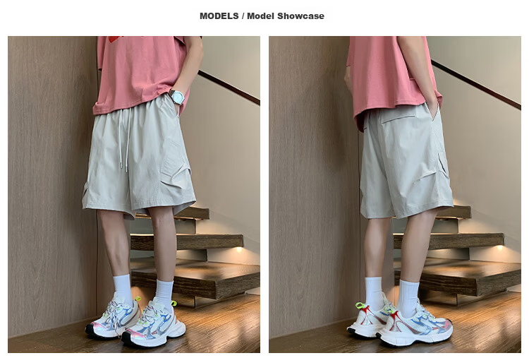 POUM Ice Silk Pocket Work Shorts Men's Summer American Style Trendy Loose Straight Five-Point Pants HK26110 Light Gray M 2