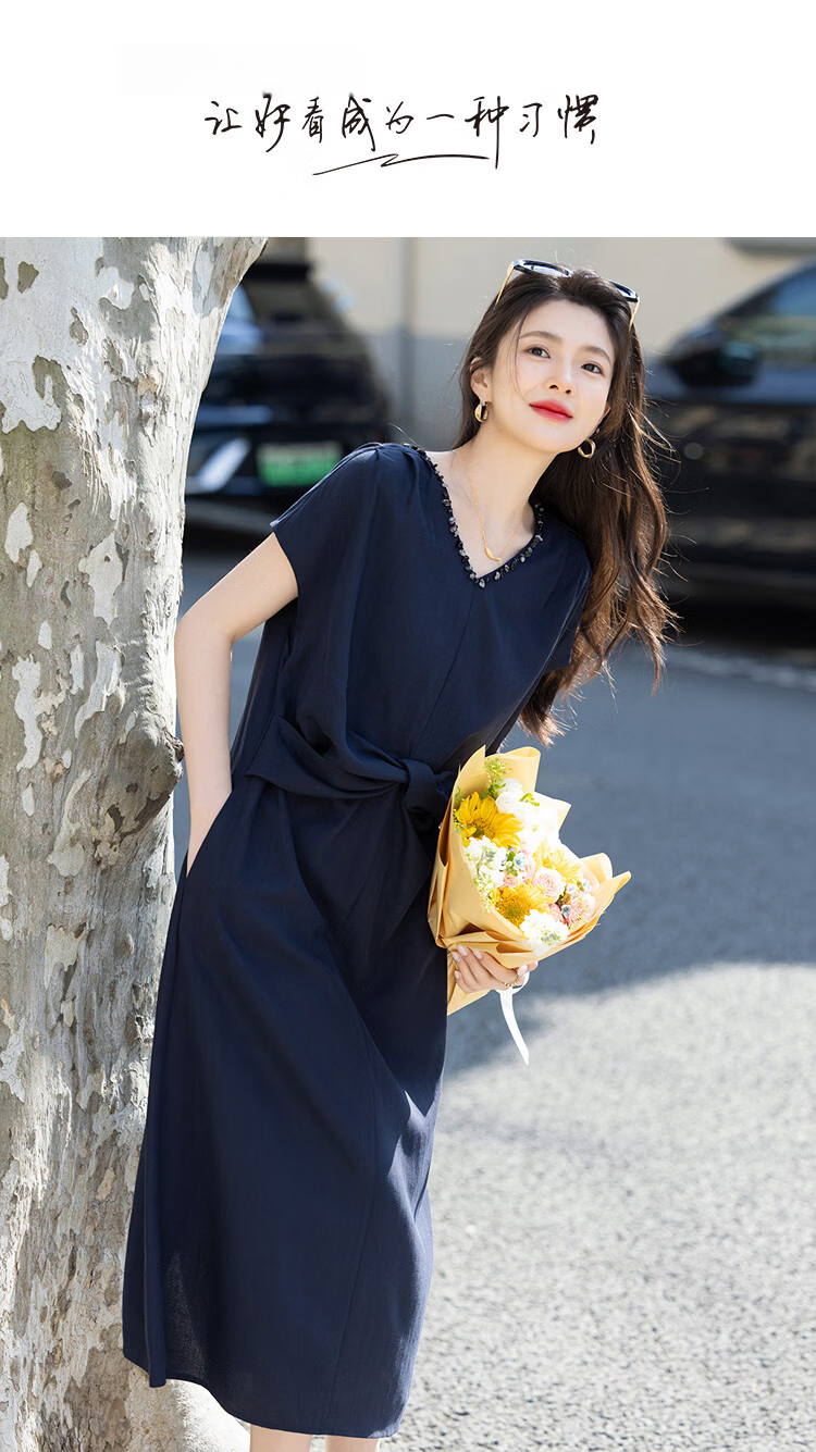 Demana Elegant Commuter Summer V-Neck Hand-Beaded Knot Shoulder-Cover Sleeve Loose Dress for Women Premium Feel 1